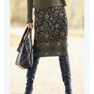 Peruvian Connection Pima Cotton Knee Length Skirt Size S Floral Diamond Border